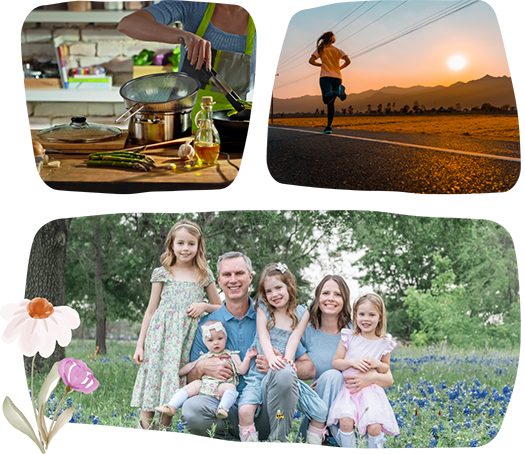 Collage featuring a person jogging and Doctor Lydia with her family in a bluebonnet field