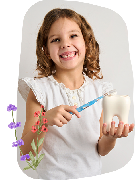 Young girl smiling as she brushes a model of a tooth